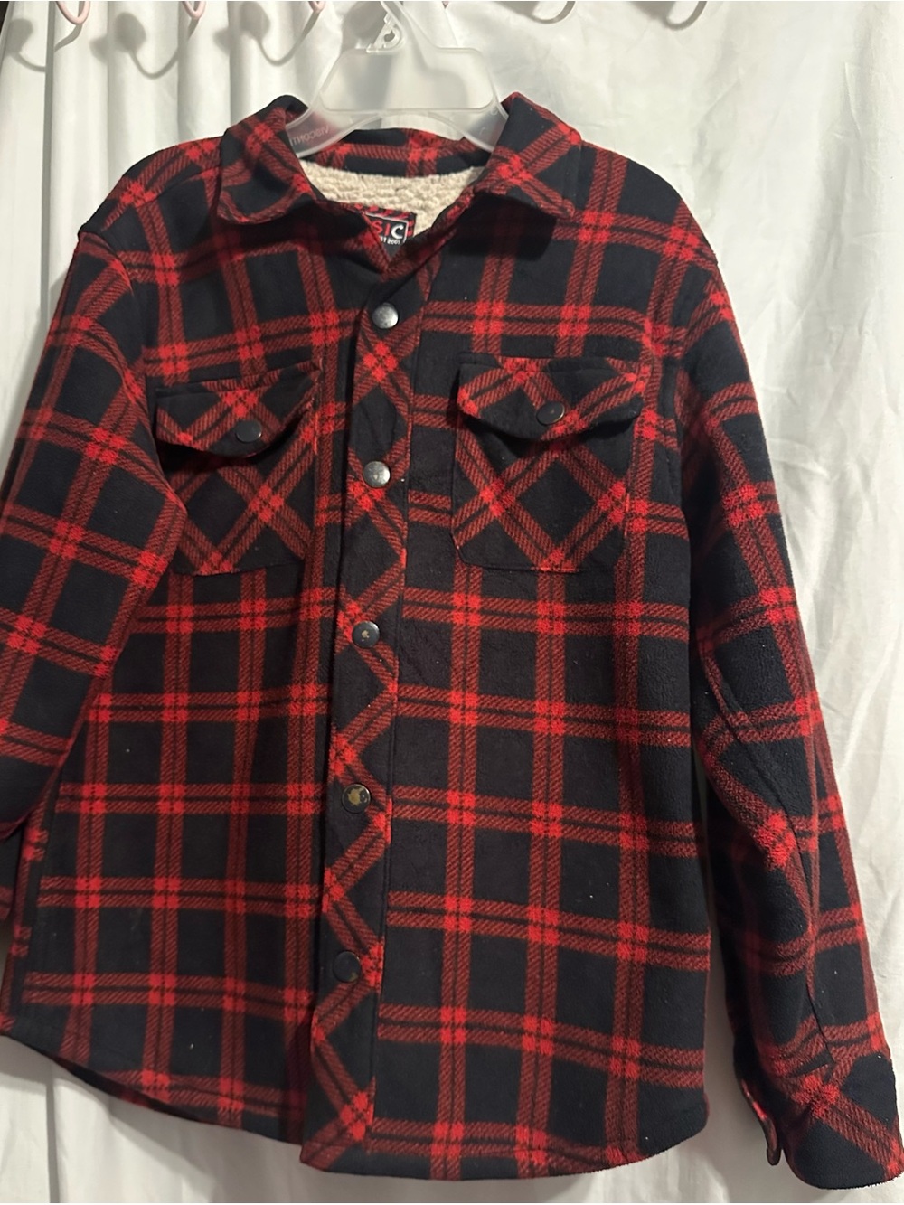 Boy’s 14/16 Plaid Button-Down Fleece Jacket in Red and Black